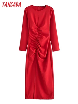Tangada 2024 Ženy, svieti na Červeno Skladaný Šaty s Dlhým Rukávom Dámske Dlhé Šaty 5D06