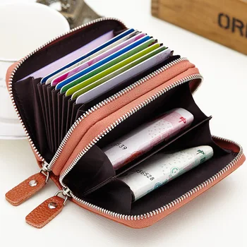 Malé Originálne Kožené Peňaženky pre Ženy, Blokovanie Kreditnej Karty Držiteľ Peňaženky 2 Zips Karty Prípade Organizátor