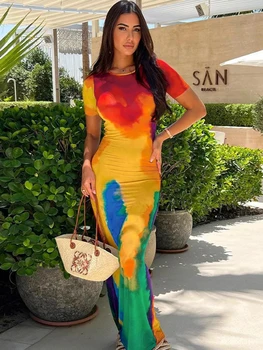 Sexy Šaty Club Vintage Streewear Rainbow Farba Tlačené Dizajn Slim s Krátkym Rukávom O-Krku Elegantné dámske Dlhé Rúcha Vestidos