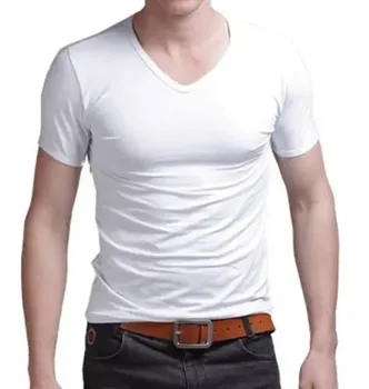 B2205 Letné Hot Predaja T - Shirt Nových Mužov V Krku Topy Tee Tričko Slim Fit Krátky Rukáv Pevné Farba Bežné T-Shirt