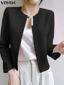 Ženy VONDA Bežné jednofarebné Sako 2024 Elegantné Kabáty Módne Dlhý Rukáv Voľné Pearl Tunika Top okolo Krku Streetwear Outwear