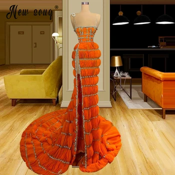 Orange Krásne Strane Split Večerné Šaty Dubaj Luxus Plný Kryštály Formálnej Strany Plášte Arabčina Gala Šaty Celebrít Šaty