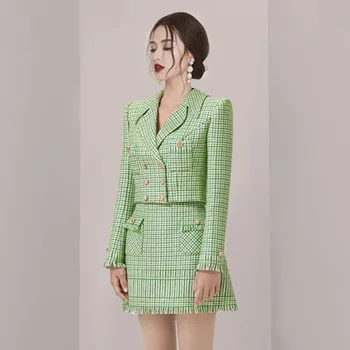 Zelený Kockovaný Ženy Obleky 2 Kus Sako+Sukňa Elegantné Formálne Office Lady Pracovného Nosiť Módne Dievča Kabát Prom Šaty