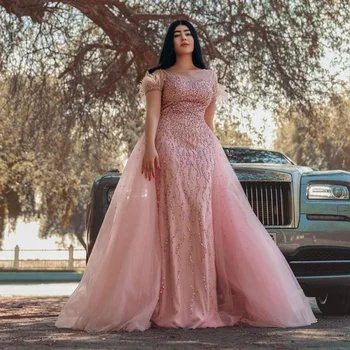 2024 Plus Veľkosť Arabčina Aso Ebi Blush Pink Luxusné Šaty Ples Korálkové Flitrami Večer Formálnej Strany Druhej Príjem Narodeniny Plášte