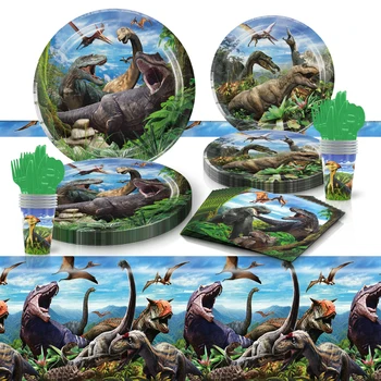 Jurský Dinosaurov Tému Narodeniny Dekorácie Pre Strany, Jednorázový Riad Papierové Obrúsky, Poháre Taniere Banner Obrusy Slamy