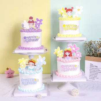dievča kvety tortu vňaťou krst deti žltá fialová happy birthday cake decoration príslušenstvo nástroje Cupcakes