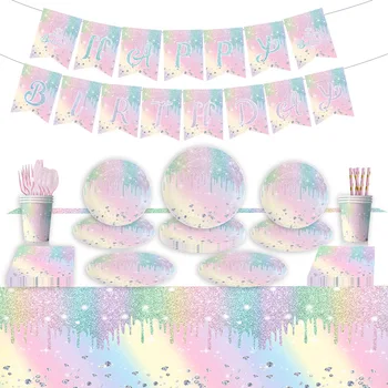Postupné Macaron Rainbow Diamanty Tému, Narodeniny, Party Dekorácie Dodávky Papiera Pohár Doska Obrúsky Banner Baby Sprcha Deti Priazeň