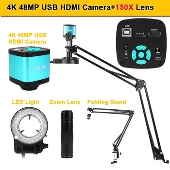 4K 48MP Digitálny Mikroskop pre Elektroniku, USB, HDMI Fotoaparátu 150X Zväčšenie Objektívu Mobilný Kovový Držiak, Kruh Svetla Spájkovanie Microscopio