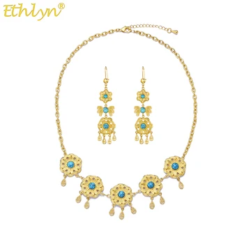 Ethlyn Zlatá Farba Etnických Turquoises Náhrdelníky Náušnice Šperky Sada pre Ženy-Móda Modrý Kameň Afriky Arabských Šperky Darček MY448