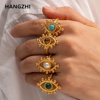 HangZhi Duté Prírodného Kameňa Krúžok pre Ženy Nehrdzavejúcej Ocele Slnko Kvetinový Vzor, Retro Otvorený Vintage Šperky Nové