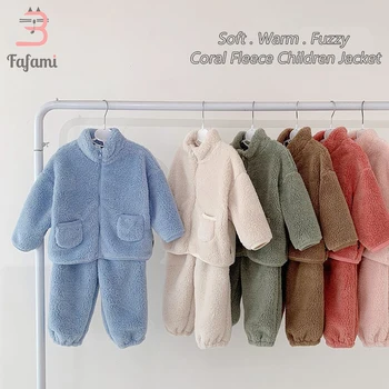 Teplé Fuzzy Deti Oblečenie Dievčatá Zips Fleece Bunda & Nohavice Ľahké Vonkajšie Bežné Kabát S Vreckami Zimné Oblečenie Baby Boy