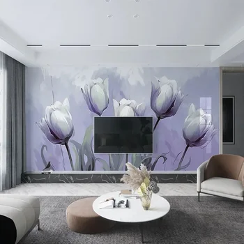 Vlastné Foto nástenná maľba 3D Moderný Minimalistický Fialová Tulipán Kvetinové Tapety Pozadia Pre Spálne Steny Domov Dekor Abstraktných De Parede