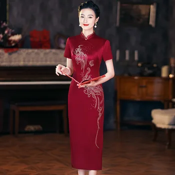 Yourqipao Čínsky Výšivky Cheongsam Elegantné Čaj-Dĺžka Tradičné Svadobné Party Šaty Saténové Matka Nevesty Šaty