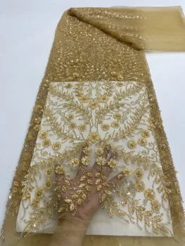 Francúzsky Ťažké Ručné Tylu Flitrami Čipky Textílie 2024 Vysoká Kvalita Afriky Luxusné Korálkové Čipky Textílie Pre Ženy Večerné Šaty Šiť