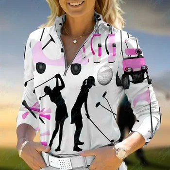 Jesenné a zimné žien zips golf Polo s dlhým rukávom zábavné tlač priedušná rýchle vysychanie potu-absorbent tenis golf tričko